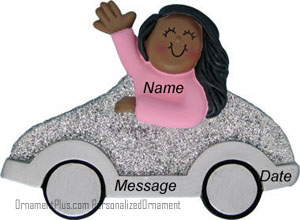 African American Girl Silver Car Driver Ornament - Personalized Ornament