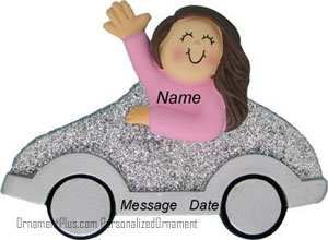 Brunette Girl Silver Car Driver Ornament - Personalized Ornament