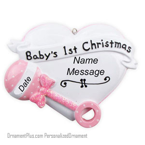 Pink Rattle Heart Baby Ornament - Personalized Ornament