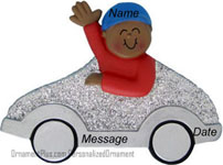 African American Boy Silver Car Driver Ornament - Personalized Ornament